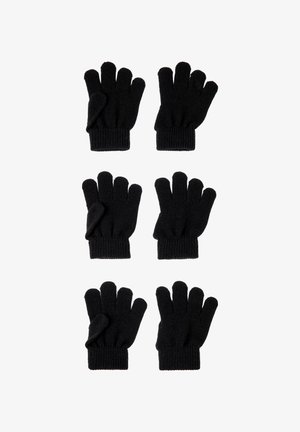 Black knitted gloves with five fingers, ribbed cuffs, and no patterns. Six pairs displayed flat in two rows.