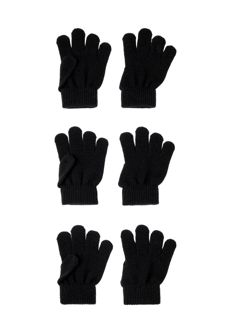 Black knitted gloves with five fingers, ribbed cuffs, and no patterns. Six pairs displayed flat in two rows.