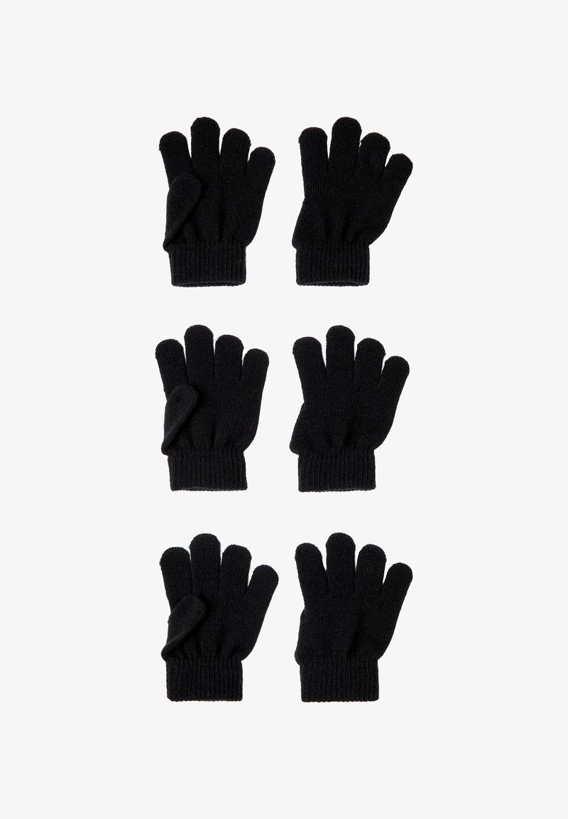 Melnas adītas cimdi ar piecām pirkstiem, ribotām aprocēm un bez rakstiem. Seši pāri izvietoti plakani divās rindās.