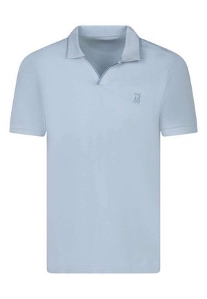 Polo bleu clair à manches courtes avec un petit logo ton sur ton brodé sur la poitrine gauche et un col ouvert.