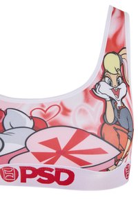 Brassière de sport avec un imprimé coloré représentant Lola Bunny tenant une planche de surf, des cœurs rouges et le logo PSD sur la bande élastique blanche.