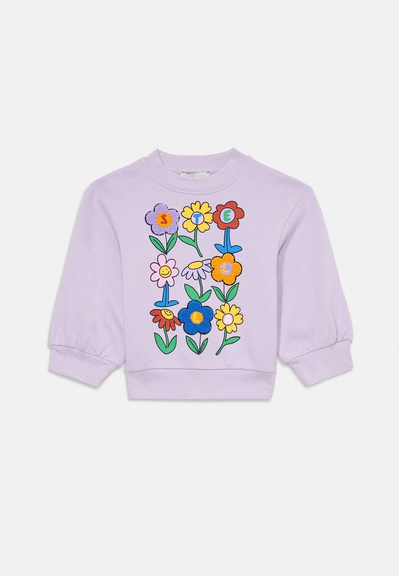 Sweatshirt lilás com mangas bufantes, apresentando flores e letras bordadas coloridas na frente. Material macio em mistura de algodão.