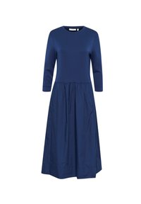 Marinblå klänning med rund halsringning, långa ärmar och en samlad kjol. Tillverkad av mjukt tyg med en slät textur.