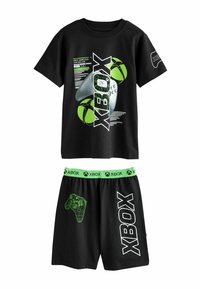 Black cotton short-sleeve T-shirt and shorts set featuring green Xbox graphics, including a controller illustration and logo accents.