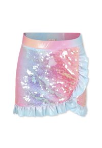 Jupe portefeuille en sequins avec des couleurs pastel iridescentes, ourlet froncé et texture lisse. Elle présente une taille légèrement brillante et des bords froncés.