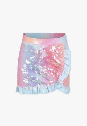 Jupe portefeuille en sequins avec des couleurs pastel iridescentes, ourlet froncé et texture lisse. Elle présente une taille légèrement brillante et des bords froncés.