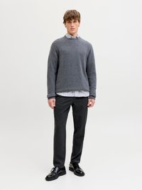 Νεαρός άνδρας στέκεται φορώντας γκρι πουλόβερ πάνω από ριγέ πουκάμισο, σκούρο παντελόνι και μαύρα επίσημα παπούτσια, με φόντο λευκό και απλό.