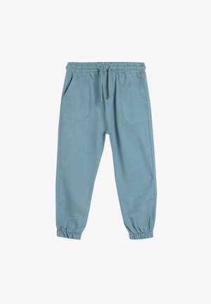 Lichtblauwe, relaxte broek met een elastische tailleband, trekkoord en twee zijzakken. De boorden zijn ook elastisch.