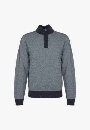 Herren Pullover mit langen Ärmeln aus Strick mit navyblauem Stehkragen, halbem Reißverschluss, Bündchen und Saum, in einem strukturierten Grau- und Navy-Muster.