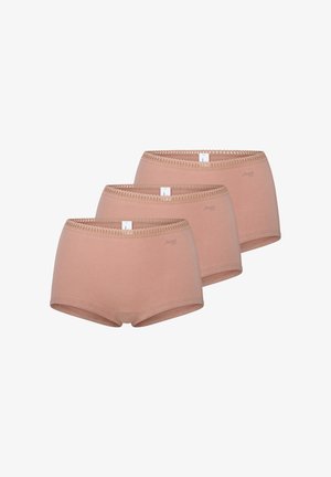 Confezione di tre slip in cotone beige di stile bikini, caratterizzati da una morbida vita elastica con pizzo e branding minimale.