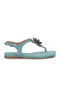Aqua suede sandal with a toe post design, featuring a floral accent of gems in green and pink, and a flat sole with a small heel.