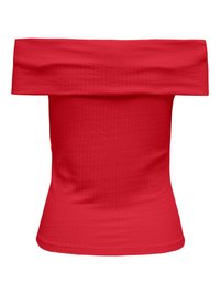 Haut rouge ajusté à épaules dénudées avec un large col plié et un motif texturé subtil.