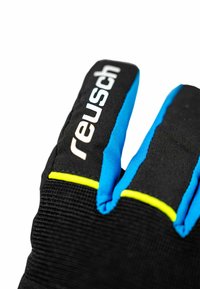 Black gloves with blue and yellow accents. Features textured material and "reusch" branding on the thumb. Design suitable for sports.