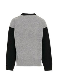 Maglione grigio aderente con maniche nere, polsini a coste e colletto rotondo. Texture morbida, nessun motivo o hardware visibile. Solo vista posteriore.