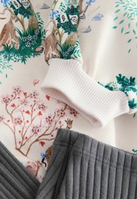 Vaalean värinen huppari, jossa eläin- ja kukkakuvioita ja ribbineulottu kaula-aukko. Mukana harmaat, pystysuoraan raidalliset housut.