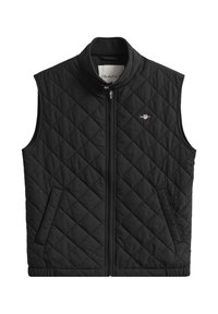 Zwarte gewatteerde bodywarmer met een hoge kraag, ritssluiting aan de voorkant en zijzakken. Voorzien van een klein logo op de linkerborst. Glad, lichtgewicht materiaal.