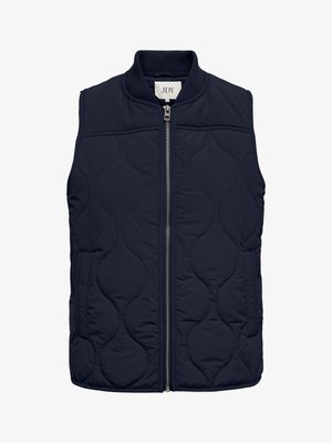 Tumesinine tikitud varrukateta vest ees lukuga, soonikkoes krae ja küljetaskutega, sees kaubamärgiga JDY silt krael.