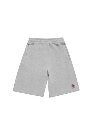 Pantaloncini grigio chiaro fino al ginocchio con vita elastica, tasche laterali e piccolo logo rosso e nero "Vietato" sull'orlo della gamba sinistra.