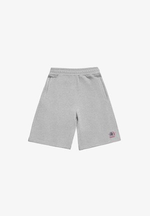 Lysegrå knælange shorts med elastisk linning, sidelommer og lille rød og sort "Forbudt"-logo på venstre benkant.