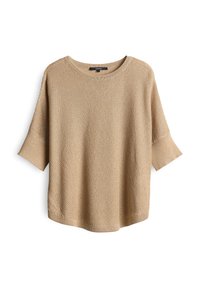 Beiger Strickpullover mit lockerer Passform, Rundhalsausschnitt und kurzen Ärmeln. Strukturiertes Muster über das gesamte Teil mit geripptem Saum und Manschetten.