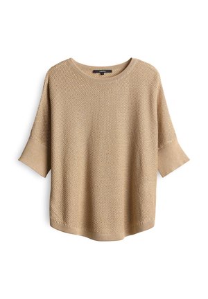 Beige knit sweater with a loose fit, round neckline, and short sleeves. Textured pattern throughout with ribbed hem and cuffs.