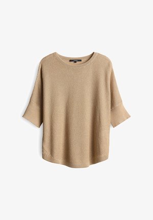 Beige gebreide trui met een losse pasvorm, ronde halslijn en korte mouwen. Textuurpatroon over de hele trui met geribbelde zoom en mouwen.