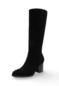 Botte noire en suède, haute jusqu'au genou, avec un bout arrondi et un talon bloc de 7,5 cm. Elle se distingue par sa texture lisse et son design minimaliste sans embellissements.