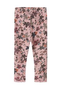 Leggings s cvjetnim uzorkom od mekog ružičastog materijala, koji imaju višebojne cvjetne uzorke i valoviti detalj na rubovima oko gležnjeva.