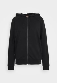 Sudadera con cremallera negra hecha de material suave, que cuenta con capucha ajustable, mangas largas y bolsillos frontales. Diseño simple y sin adornos.
