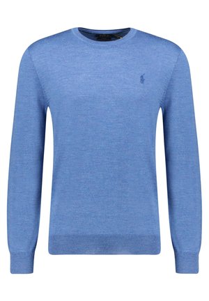 Light blue long-sleeve crew neck sweater with ribbed cuffs and hem, featuring a small embroidered logo on the left chest.