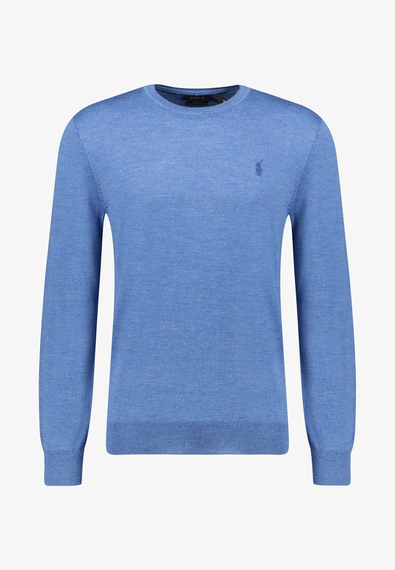 Pull bleu clair à manches longues col rond avec poignets et ourlet côtelés, avec un petit logo brodé sur la poitrine gauche.