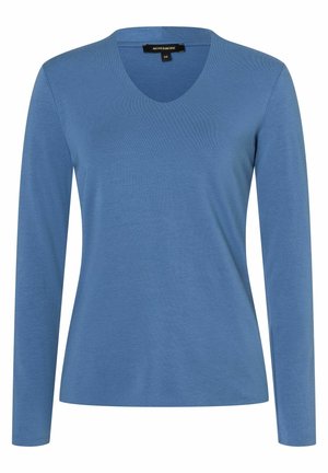 Blue long-sleeve shirt with V-neck collar, smooth fabric, and fitted cut, displayed against a white background.