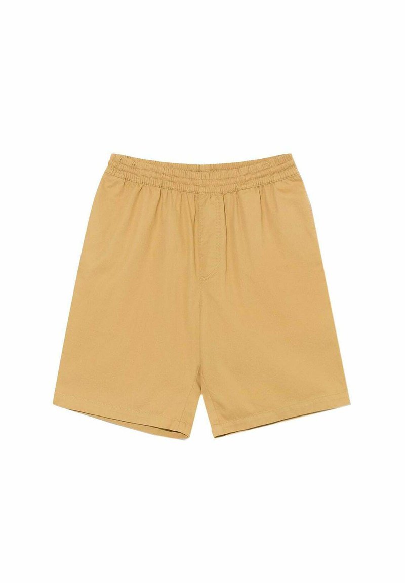 Pantalones cortos beige con cintura elástica y una textura suave, que presentan una fila de botones en la parte delantera y un corte relajado. Diseño simple sin patrones.