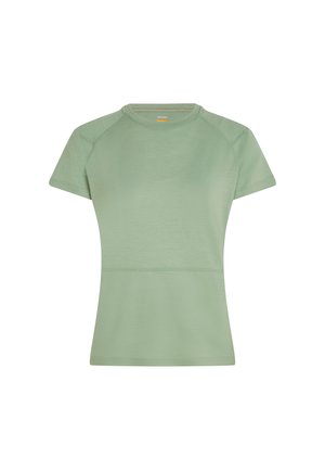Short-sleeve t-shirt in light green fabric with a textured finish, featuring a crew neckline and seamless shoulder design.