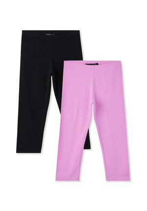 Due coppie di leggings: una nera e una rosa chiaro, realizzate in tessuto elasticizzato. Entrambe hanno una vita elasticizzata e nessun motivo visibile.