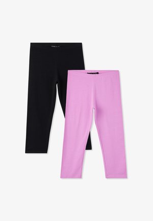 Due coppie di leggings: una nera e una rosa chiaro, realizzate in tessuto elasticizzato. Entrambe hanno una vita elasticizzata e nessun motivo visibile.