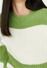 Donna con capelli lunghi e scuri, che indossa un maglione lavorato a maglia a righe verdi e bianche con colletto e polsini a costine, inquadrata dalla nuca alla vita.