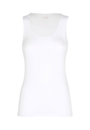 Top bianco senza maniche con scollatura a barca, realizzato in un tessuto liscio e elasticizzato. Non presenta motivi o accessori visibili. Design semplice.