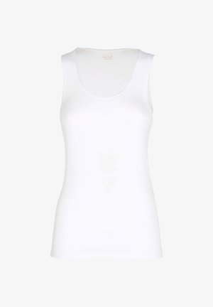 Top bianco senza maniche con scollatura a barca, realizzato in un tessuto liscio e elasticizzato. Non presenta motivi o accessori visibili. Design semplice.