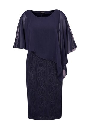 Marineblaues Kleid mit einem fließenden Chiffonüberzug, der Wellenmuster und subtile Glitzerakzente auf dem enganliegenden Unterteil aufweist. Rundhalsauschnitt.