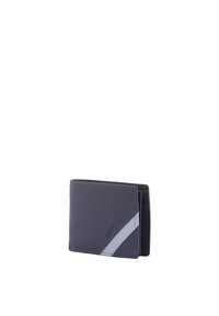 Portafoglio pieghevole realizzato in pelle sintetica grigio scuro con un accento grigio chiaro. Presenta una superficie liscia e un design minimalista.