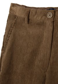 Brown corduroy pants featuring vertical ribbing, a smooth waistband, and a single button closure. Includes side pockets and belt loops.