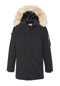 Parka nera isolata con cappuccio foderato in pelliccia sintetica, molteplici tasche frontali, una tasca con zip sulla manica e un esterno robusto e impermeabile.