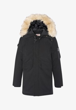 Schwarze isolierte Parka mit einer Kapuze aus Kunstfell, mehreren Fronttaschen, einer RV-Tasche am Ärmel und einem robusten, wasserdichten Außenmaterial.