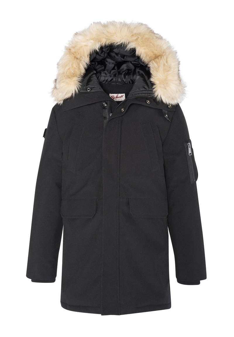 Parka nera isolata con cappuccio foderato in pelliccia sintetica, molteplici tasche frontali, una tasca con zip sulla manica e un esterno robusto e impermeabile.
