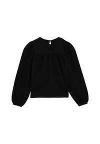 Mustaline must blouse pikkade puhvärvidega, tekstuurse kangaga, elastsete mansettidega ja selja võtmeavaga. Sobib erinevateks vabaaja üritusteks.