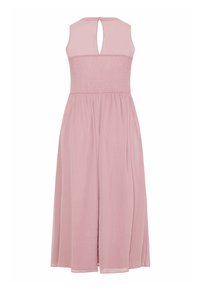 Różowa, bezrękawnikowa sukienka z marszczonym topem i swobodną spódnicą. Posiada wycięcie w kształcie łezki z tyłu oraz zapięcie na guzik. Miękka, lekka tkanina.