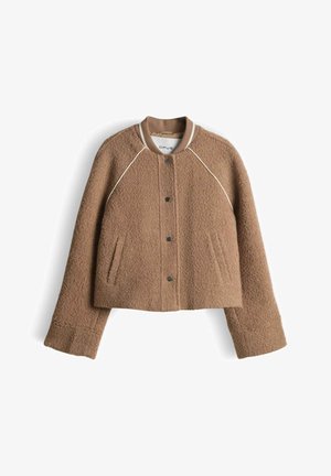 Bruine, gestructureerde cropped jas van een wolmix met drukknopen, geribde kraag met witte strepen en schuin geplaatste voorzakken.