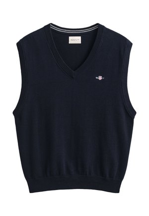 Gilet in maglia senza maniche blu navy con scollo a V, orlo e spacchi per le braccia a costine, e piccolo logo GANT con scudo sul petto.