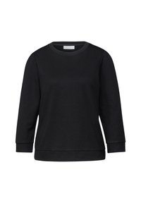 Černá mikina s kulatým výstřihem, tříčtvrtečními rukávy a pružnými lemy. Hladká textura a volný střih. Bez viditelných vzorů nebo grafiky.